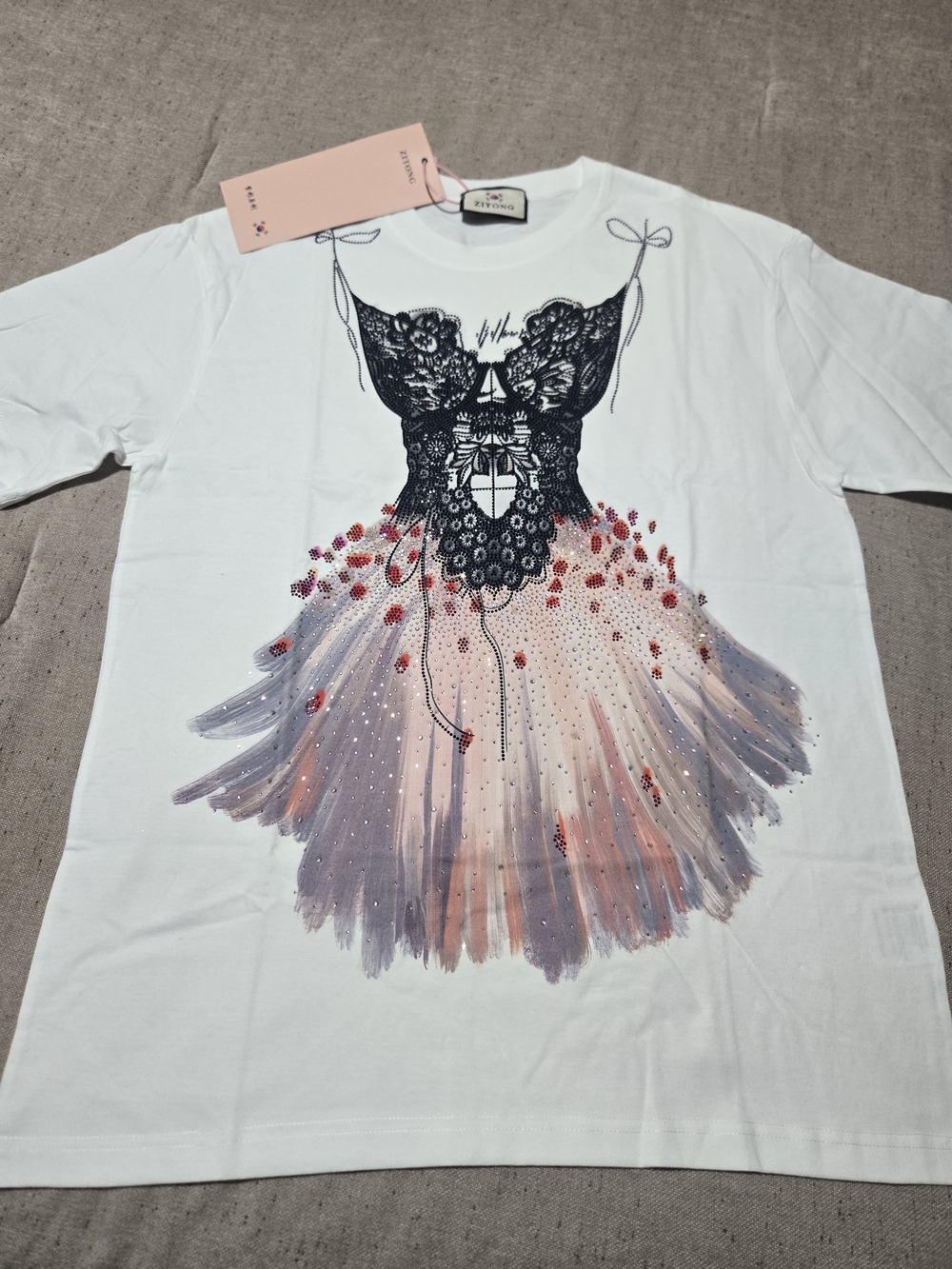 RED Valentino White Graphic Tee with Pink & Purple Dress Motif